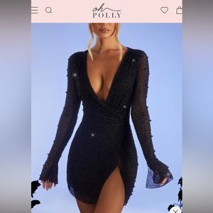 Embellished Wrap Over A-Line Mini Dress in Black